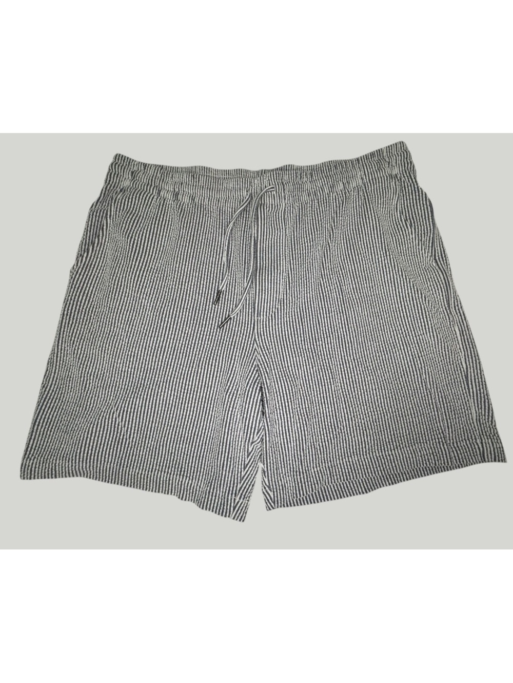Thom Aaron Mens L Seersucker Shorts Blue White Stripe 7” Inseam Drawstring